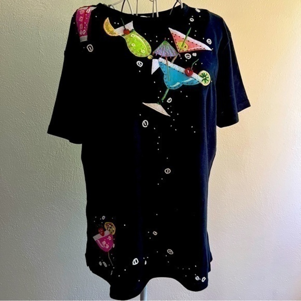 Berek black, short-sleeved top w/embroidered martini glasses. Sz M. Preowned.